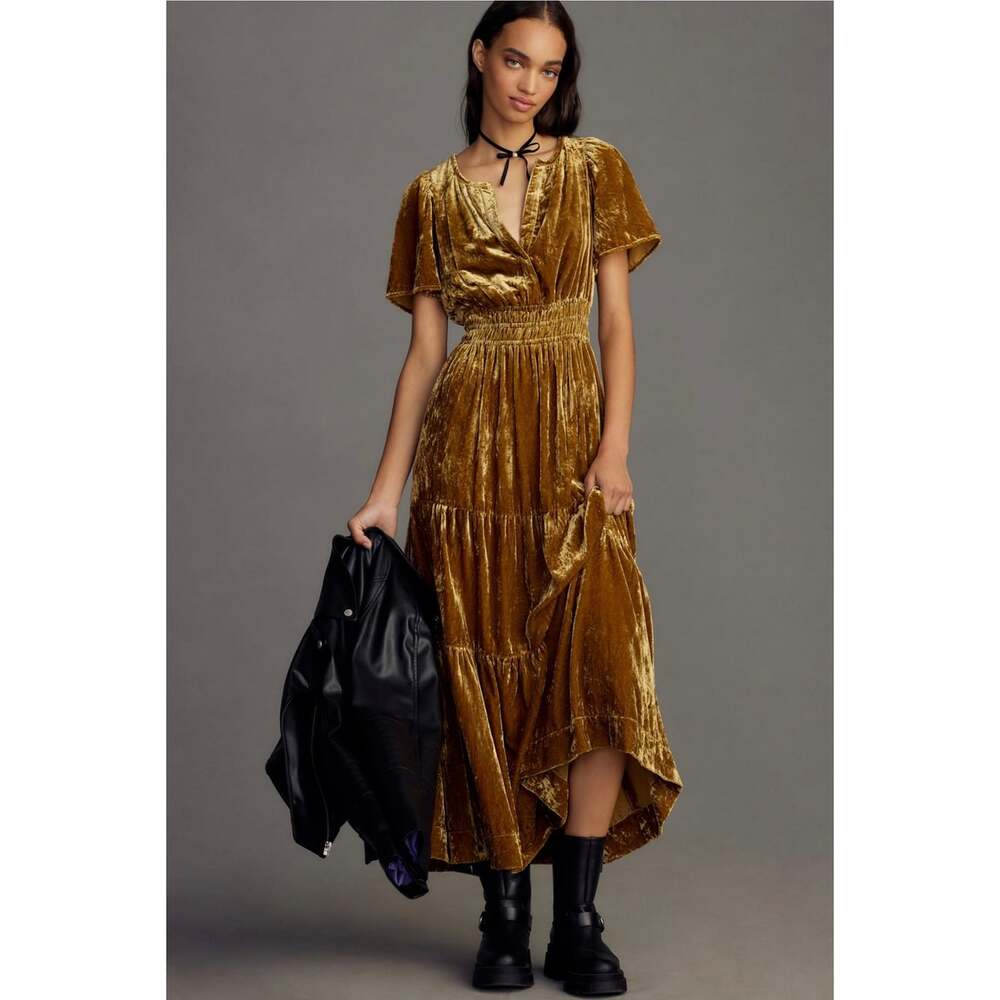 Anthropologie Somerset Maxi Dress Large Petite Rust Gold Velvet Tiered Boho